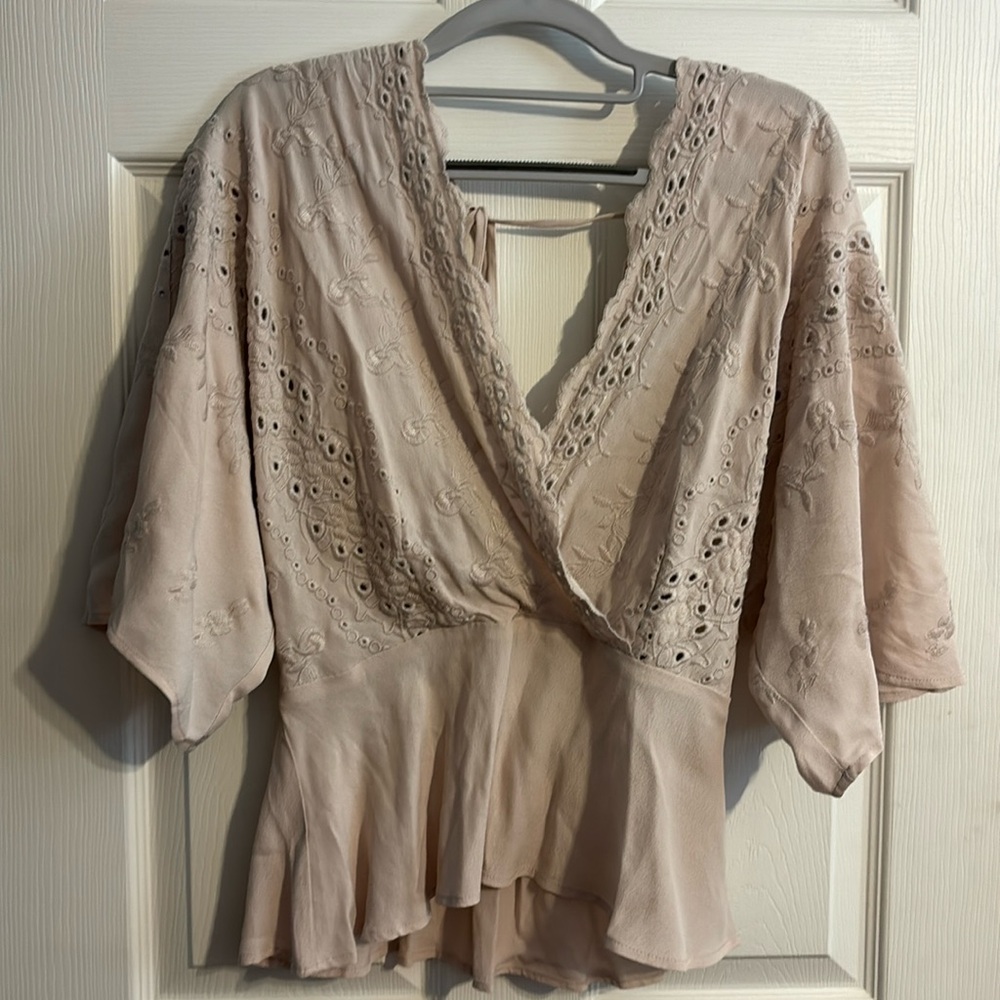 Love Stitch beige Eyelet Embroidered Wrap Blouse
